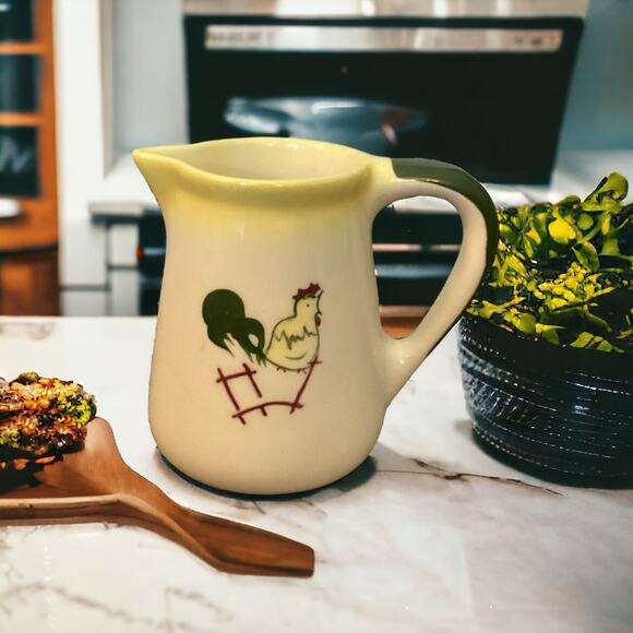 Vintage Farmhouse Creamer, Rooster on a Fence, Petite Ceramic  Country Pitcher - Picture 1 of 8